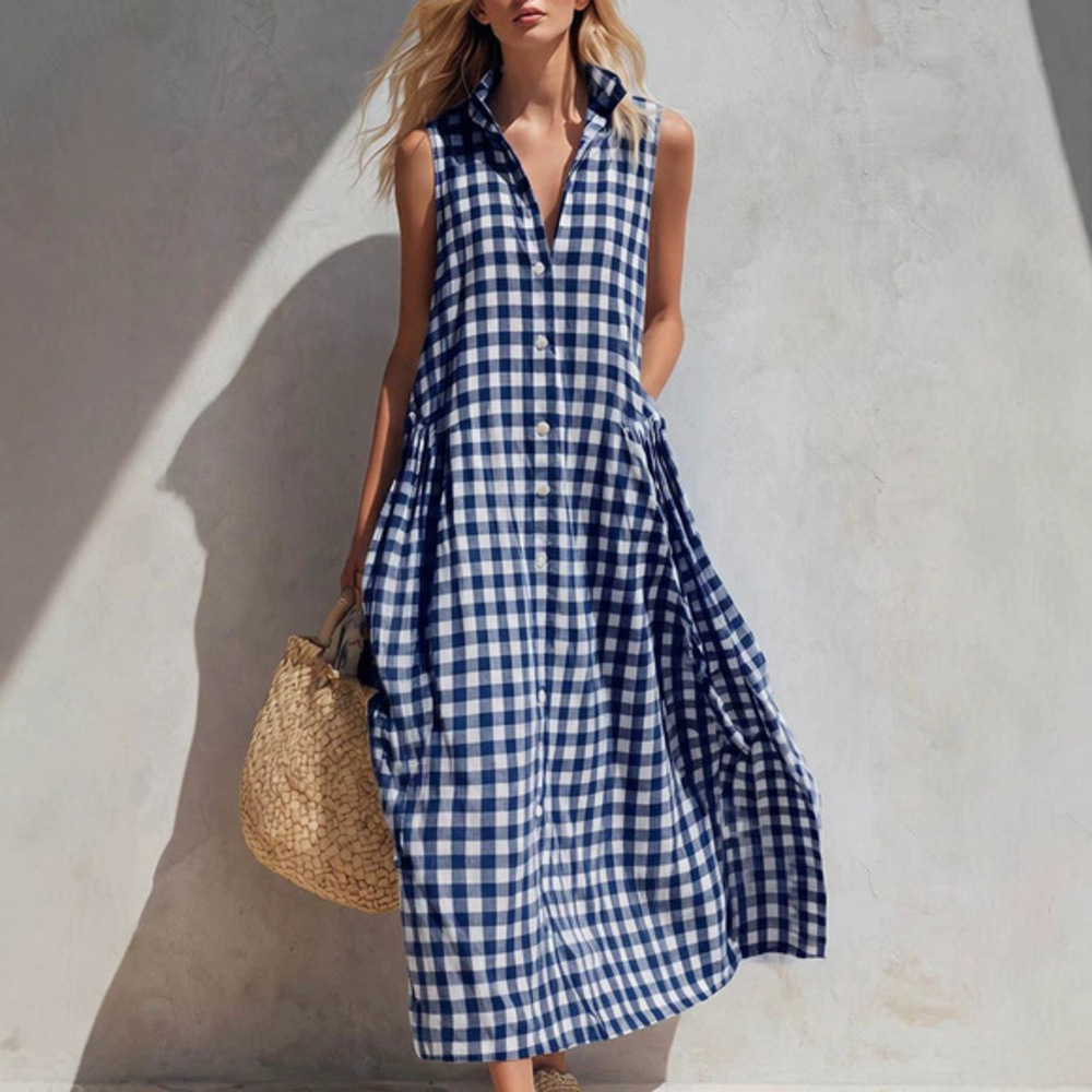 Women's Navy Gingham Collared Sleeveless Relaxed Maxi Dress
